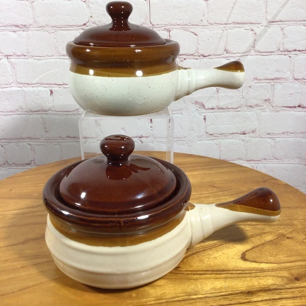 Vintage Ceramic Soup Chowder Chili Handled Crock with Lid - Set of 2